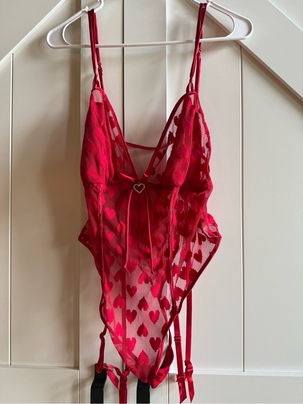 Sheer Red Heart Lace Teddy Bodysuit with Garter Straps